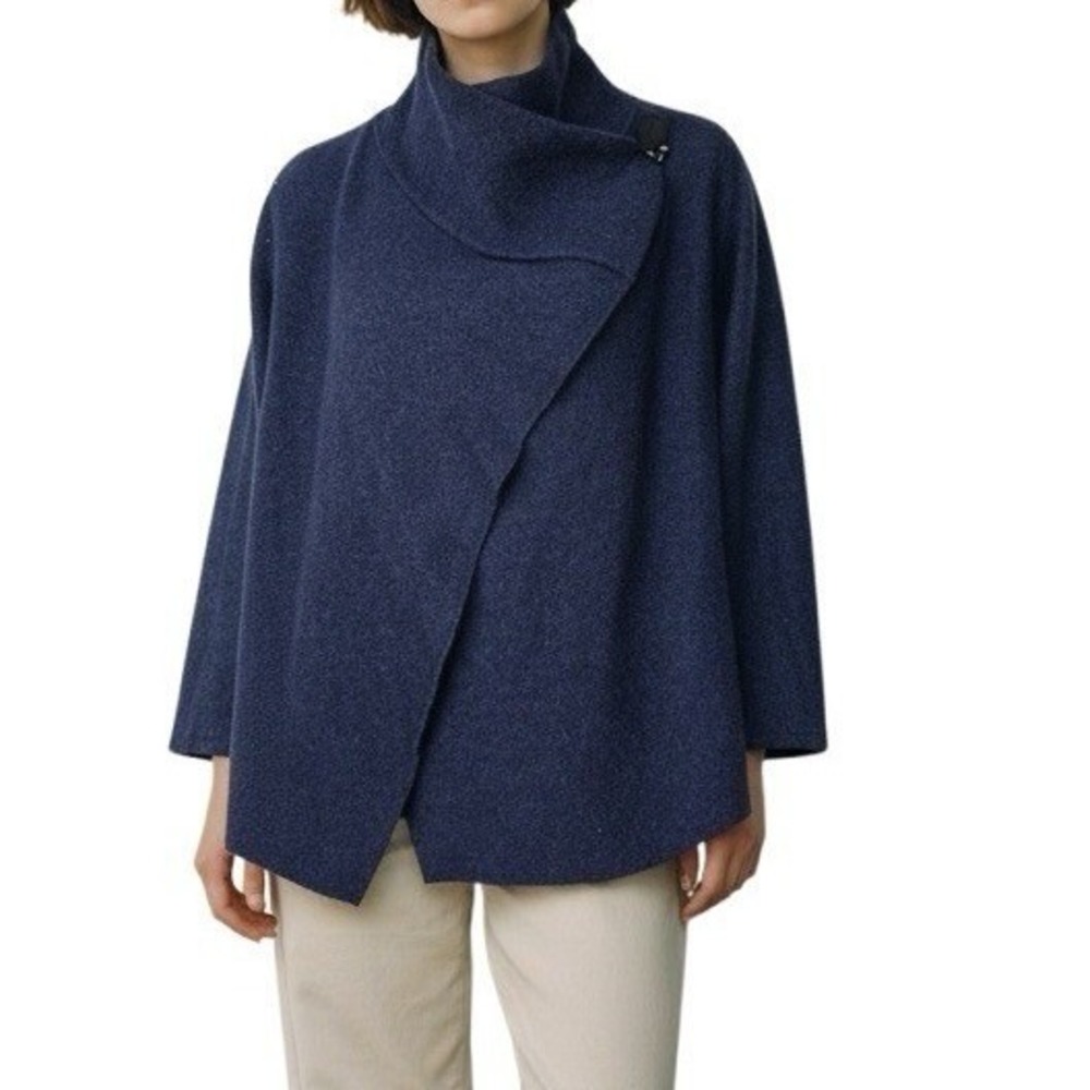 Tahari Women S Merino Wool Blend Wrap Jacket Navy Asymmetrical Toggle Coat